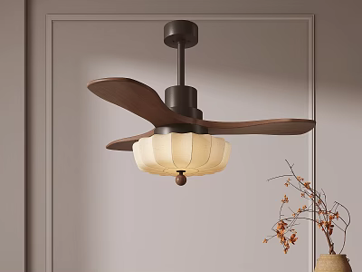 Modern Minimalist Ceiling Fan Light with Wooden Blades Black Metal Base and White Lantern Lampshade 3d model