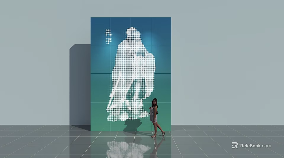 Modern Indoor Wall Panel Design With Blue Background Confucius Statue Image And Woman Standing Beside 3d model 
