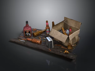 Decadent Style Beer Table Beer Bottle Wooden Table Metal Wipe Board Cigarette Cardboard Box Low Angle Still Life Dark Environment Decadent Scene Table Table 3d model
