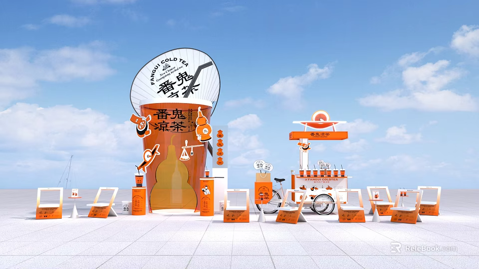 Orange-themed Tomato Spicy Hot Pot Photo Check-in Spot With Decorations And Seats 3d model 