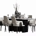 Elegant Dining Table Set with Glass Top Patterned Chairs Vases Wine Glasses and Tableware 3d model