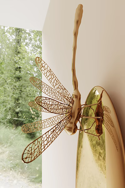 Golden Dragonfly Decorative Ornament Set With Intricate Hollow Wings For Home Wall Decor 3d model