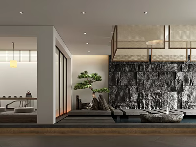 Modern Chinese Tea House Interior With Stone Wall Water Feature And Green Bonsai Plant 3d model