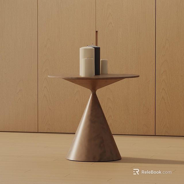 Modern Minimalist Side Table With Conical Metal Base And Round Wooden Top Decorated With Candles 3d model 