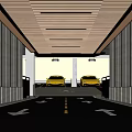 Modern Underground Parking Garage With Stone Walls Wooden Ceiling And Yellow Cars