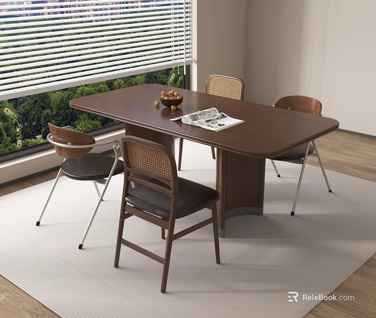 Walnut Wood Dining Table Set With Four Rattan Back Chairs On White Rug And Greenery Outside Window 3d model 