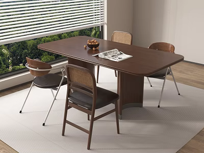 Walnut Wood Dining Table Set With Four Rattan Back Chairs On White Rug And Greenery Outside Window 3d model
