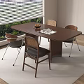 Walnut Wood Dining Table Set With Four Rattan Back Chairs On White Rug And Greenery Outside Window