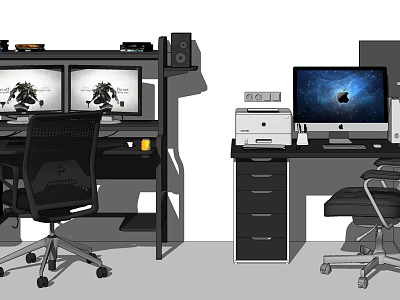 Practical Functional Desk With Multi Monitor Setup Printer Storage Drawers And Ergonomic Office Chair 3d model