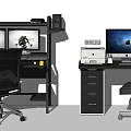 Practical Functional Desk With Multi Monitor Setup Printer Storage Drawers And Ergonomic Office Chair