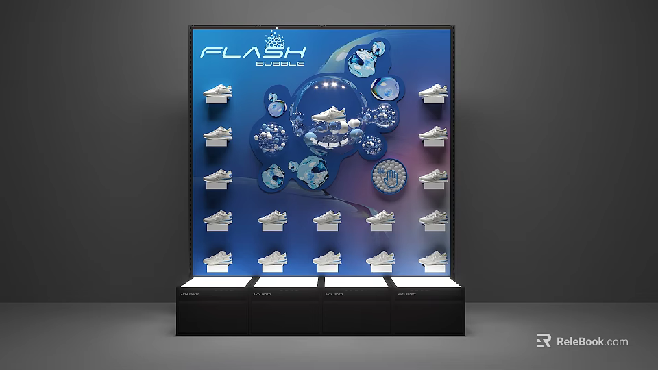 Flash Sneakers Retail Display With Multiple Shoe Models And Brand Logo 3d model