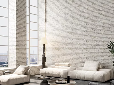 Modern White Sofa and Coffee Table Set with Brick Wall Large Window and Floor Lamp 3d model