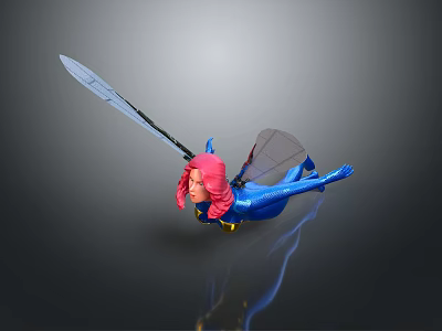 Pink Haired Game Movie Character With Blue Outfit Wings Flying And Holding Sword 3d model