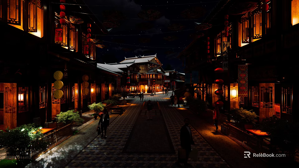 Traditional Commercial Street Night View With Ancient Buildings Lanterns And Pedestrians 3d model 