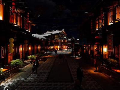 Traditional Commercial Street Night View With Ancient Buildings Lanterns And Pedestrians 3d model