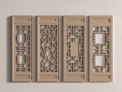 Chinese Traditional Wooden Carved Screens With Four Panels And Various Geometric Patterns 3d model