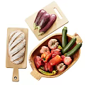 Assorted Fresh Vegetables Including Eggplants Zucchini Bell Peppers And Tomatoes In Wooden Bowl With Bread On Board