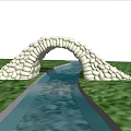 Stone Arch Landscape Bridge With White Stone Structure Over River And Green Grass 3d model