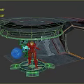 Game Movie Character in Futuristic Platform With Glowing Blue Orange Lines Wearing Orange Green Armor