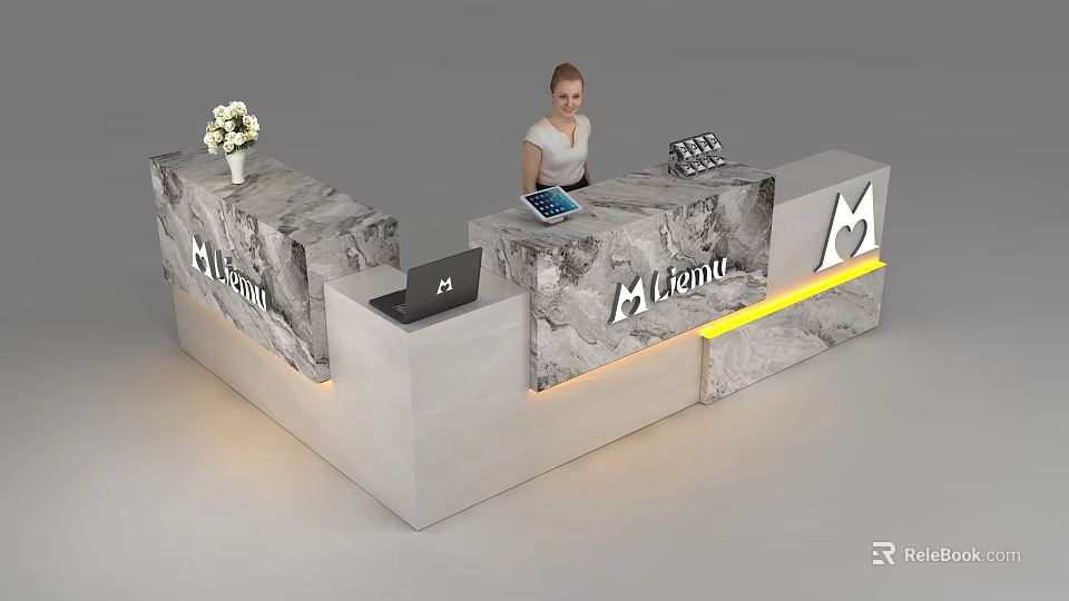 Modern Marble Reception Desk with ALIFUN Brand Logo Woman Working Laptop Tablet LED Strip Lighting 3d model 