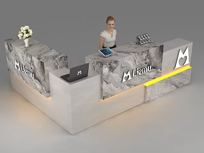 Modern Marble Reception Desk with ALIFUN Brand Logo Woman Working Laptop Tablet LED Strip Lighting 3d model