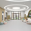 Modern Kindergarten Interior Design With Arched Doorways Wooden Walls Circular Lights And Colorful Seats