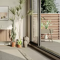 Cozy Home Balcony Interior With Rocking Chair Potted Plants And Wooden Cabinet
