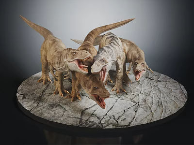 Dinosaur Model Figures Standing On Cracked Stone Platform With Open Mouths 3d model