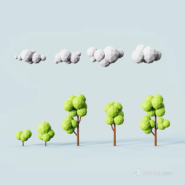 Collection Of Low Poly Style Clouds And Trees On Light Blue Background 3d model