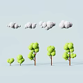 Collection Of Low Poly Style Clouds And Trees On Light Blue Background 3d model