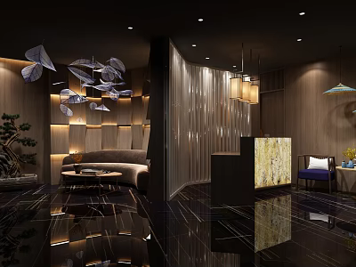 Modern SPA Sauna Interior Design Wooden Elements Warm Lighting And Comfortable Sofa 3d model