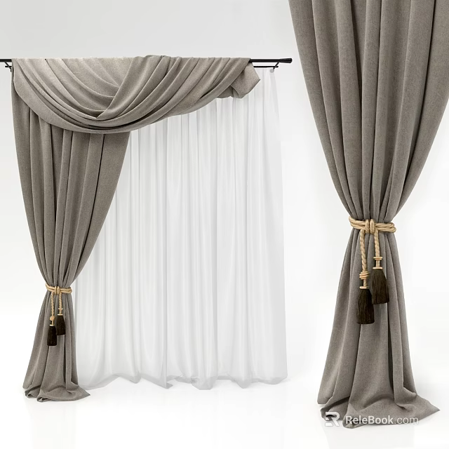 Gray And White Layered Curtains With Textured Fabric And Tassel Tiebacks 3d model 