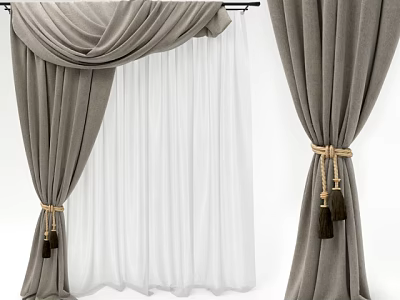 Gray And White Layered Curtains With Textured Fabric And Tassel Tiebacks 3d model