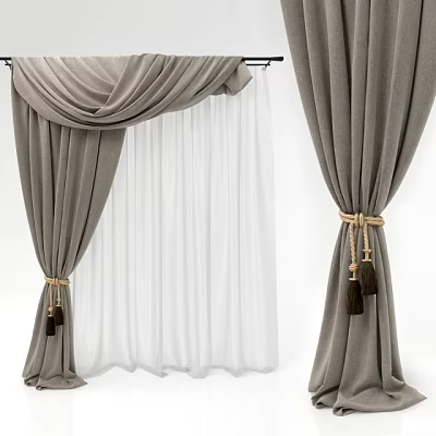 Gray And White Layered Curtains With Textured Fabric And Tassel Tiebacks 3d model