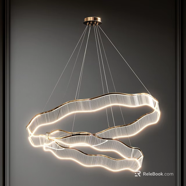 Modern Chandelier With Curved Flowing Lines And Illuminated Metallic Frame Suspended By Thin Wires 3d model 