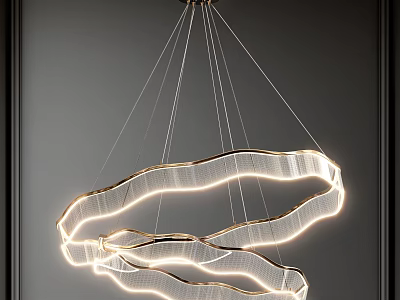Modern Chandelier With Curved Flowing Lines And Illuminated Metallic Frame Suspended By Thin Wires 3d model