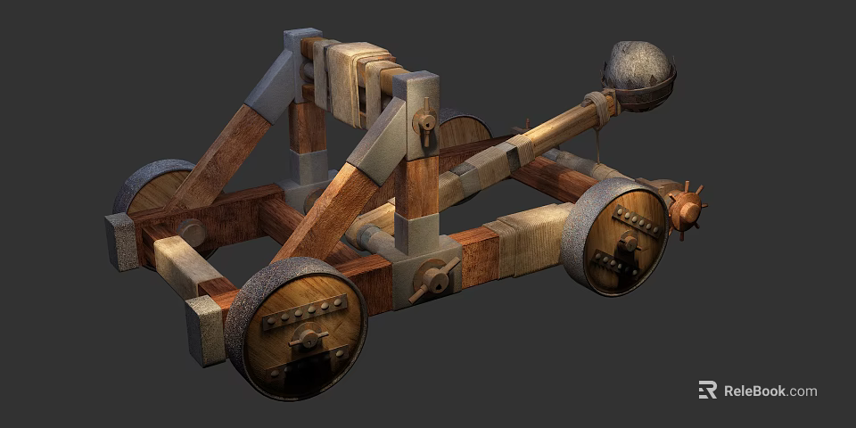 Ancient Medieval Catapult Weapon Featuring Wooden Frame Wheels And Stone Projectile 3d model 