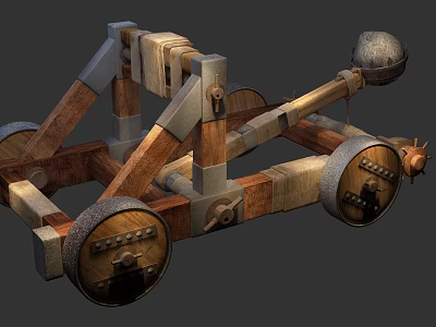 Ancient Medieval Catapult Weapon Featuring Wooden Frame Wheels And Stone Projectile 3d model