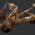 Ancient Medieval Catapult Weapon Featuring Wooden Frame Wheels And Stone Projectile