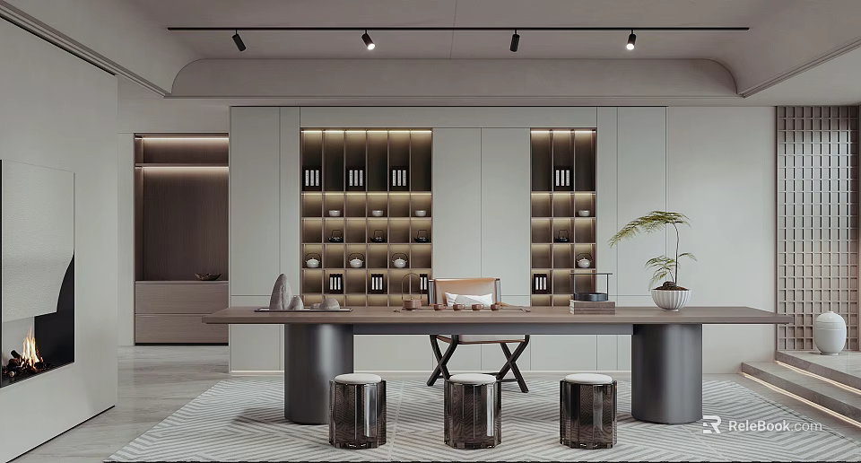 Modern Tea Room With Long Table Storage Cabinets And Stools 3d model