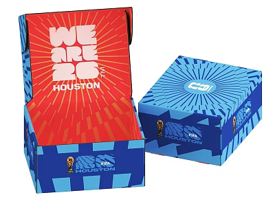 Red And Blue Storage Boxes Featuring We Are Houston Text And World Cup Logo 3d model