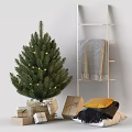 Festive Decorative Ornament Set With Lit Christmas Tree Gift Boxes Ladder Shelf Pillow And Blankets