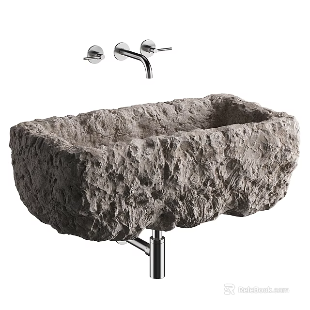 Natural Stone Washbasin With Rough Texture And Wall Mounted Faucets On Metal Stand 3d model 