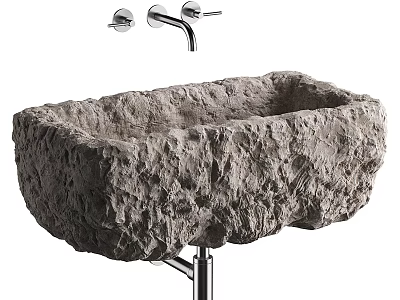 Natural Stone Washbasin With Rough Texture And Wall Mounted Faucets On Metal Stand 3d model