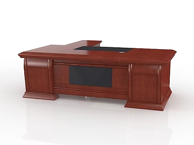 Classic Office Wooden Desk With Brown Finish Black Panel And Drawers 3d model