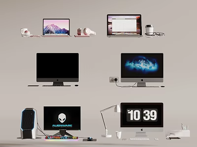 Modern Computer Setup With Laptops Desktop Monitors Headphones Desk Lamp And Keyboard Accessories 3d model