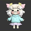 Cute Cartoon Character With Pink Yellow Ears White Curly Hair Blue Hoodie And Pink Skirt