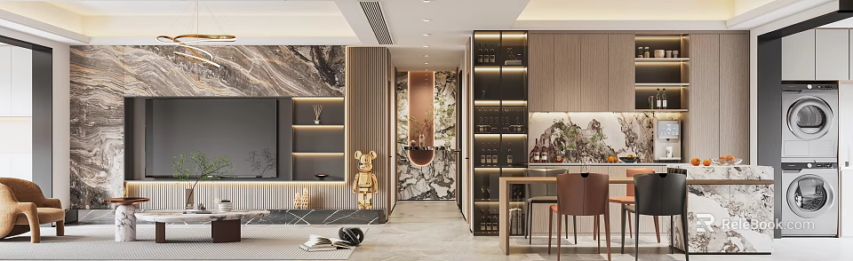 Modern Luxury Living And Dining Room Interior With Sofa Dining Table And Marble Accents 3d model 