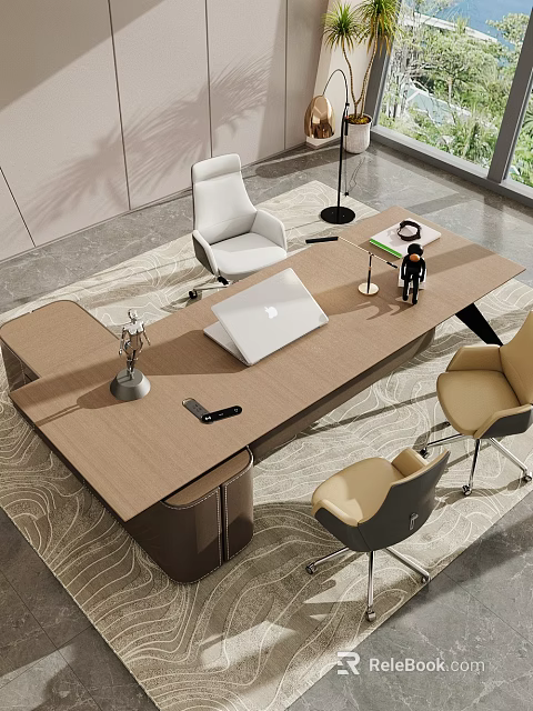 Modern Office Desk with Open Laptop Small Figurine Table Lamp and Two Chairs White Beige 3d model 