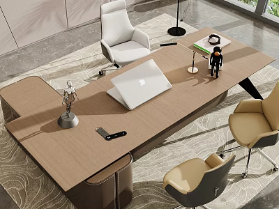 Modern Office Desk with Open Laptop Small Figurine Table Lamp and Two Chairs White Beige 3d model